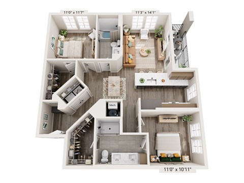 Floor plan for 2 beds, 2 baths, 1117 sqft